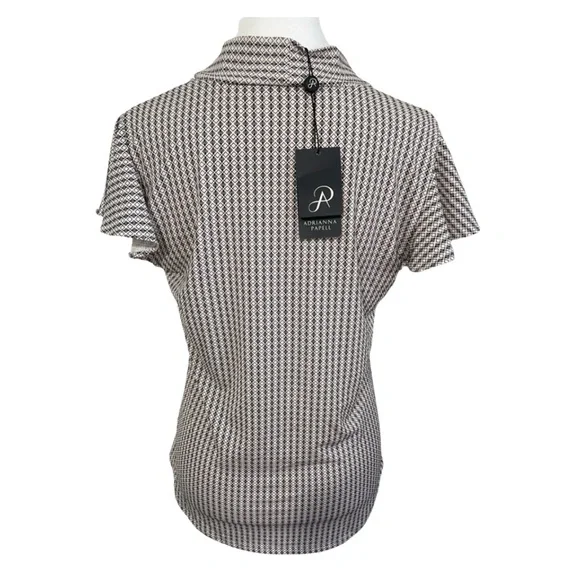 Adrianna Papell Tie Neck Blouse S Black Cream Geometric Flutter Sleeve NWT - Picture 7 of 14